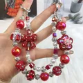 Luxury handcrafted red beaded phone charm with crystal bow and flower pendant for women - Red Bow Three-dimensional Flower Style (B2-F)