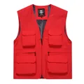 Red multi-pocket outdoor workwear vest with zip closure and breathable mesh lining - S / Tops / Red