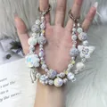 Handmade beaded phone chain charm with iridescent pearls and crystal pavé accent - Artificial Pearl Crown Butterfly Style (C2-J)