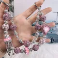 Handmade sparkling pink and silver beaded phone chain featuring crystal heart and tassel charm - Pink Heart Crystal Tassel Style (C2-L)