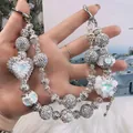 Luxury handmade beaded phone chain with sparkling rhinestone balls and iridescent hearts. - Silver White Phantom Flower Cluster Heart Style (C2-M)