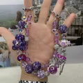 Exquisite handmade purple beaded phone chain charm with sparkling bear and floral accents - Purple Glitter Bear Three-dimensional Flower Style (C2-P)