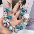 Handmade beaded phone chain with blue and silver rhinestones and butterfly charm - Blue Rhinestone Ball Butterfly Flower Style (C2-R)