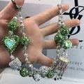 Handmade green and silver beaded phone strap bag charm with sparkling crystal heart pendant - Emerald Green Heart Jellyfish Tassel Style (C2-S)
