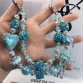 Handmade blue crystal beaded bag charm with luxury heart and jellyfish pendants - Sky Blue Flower Heart Jellyfish Style (C2-X)