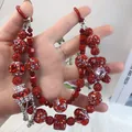 Handmade red beaded phone strap featuring sparkling rhinestone heart and crown charms - Red Heart Crown Rhinestone Ball Style (C2-Z)