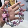 Exquisite handmade beaded phone lanyard with pink fuzzy bear charm and purple crystals - Chanel Bear Pink Purple Beaded Style (D2-A)