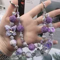 Luxury purple handmade beaded phone charm with butterfly and crystal pendants for bags - Purple Butterfly Flower Crystal Style (D2-F)