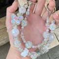 Handmade beaded phone strap with sparkly rhinestone balls and butterfly charm - Phantom Butterfly Rose Rhinestone Ball Style (D2-L)