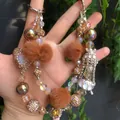 Handmade luxury beaded phone chain with brown pom-poms and sparkling crystal charms - Coffee Heart Tassel Pom Pom Style (E1-22)