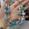 Luxury handmade sparkly blue and white rhinestone beaded phone chain and bag charm - Blue and White Rhinestone Tassel Light Luxury Style (E1-26)