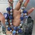Handmade blue beaded mobile phone chain and bag charm featuring heart charm design - Blue and White Rhinestone Heart Pendant Style (E1-28)