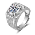 Klassieke S925 zilveren moissanite ring met 1 karaat steen en verstelbare band - Verstelbare open ring / Heren Vierkante Vier-Klauw Pavé Stijl (NAN001) / Zilver