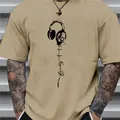 Khaki Herren Kurzarm T-Shirt mit schwarzem Musik-Kopfhörer- und Herzschlag-Print - XS / Khaki