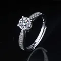 Classic 1 carat moissanite solitaire ring with pavé side stones in an adjustable silver band - Adjustable Open Ring / Classic Four-Prong Pave Accent Style (MS361) / Silver