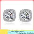 Square D Color Moissanite Stud Earrings in S925 Sterling Silver with Halo Design - 925 Silver / 0.5ct White Gold High Carbon Diamond Style (White Rhinestone)