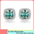 Luxury S925 sterling silver square halo stud earrings featuring green moissanite stone - 925 Silver / 0.5ct White Gold Color Green Moissanite