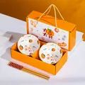 Dekoratives festliches Keramikschüssel-Set mit Stäbchen und Orangen-Persimone-Motiv - Viel Glück Und Wohlstand! 2 Schüsseln Und 2 Essstäbchen ♜
