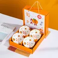Elegantes Keramikschüssel- und Essstäbchen-Geschenkset mit festlicher orangefarbener Verpackung - Viel Glück Und Wohlstand! 4 Schüsseln Und 4 Essstäbchen ♜
