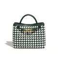 Borsa tote intrecciata a mano a scacchi verdi e bianchi con nodo a farfalla dorato - Verde smeraldo e bianco sporco