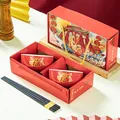 Set di ciotole in ceramica rossa e bacchette con drago dorato in confezione regalo - Anno del Dragone Buona Fortuna Set 2 Ciotole 2 Bacchette