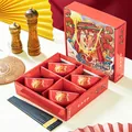 Coffret cadeau de bols et baguettes en céramique rouge avec motif de dragon festif - Style Année du Dragon 4 Bols 4 Baguettes