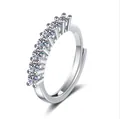 Elegant silver-toned adjustable ring with seven sparkling round moissanite stones - Adjustable Open Ring / Seven-Stone Pave Style (MS138) / Silver