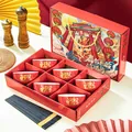 Coffret cadeau festif de bols en céramique rouge et baguettes avec motif de dragon doré - Style Année du Dragon 6 Bols 6 Baguettes