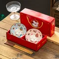 Coffret cadeau exquis de bols en céramique chat de la chance et baguettes en bois, boîte rouge - Blanc Laiteux Chat 2 Bols 2 Baguettes