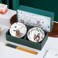 Coffret cadeau de bols et baguettes en céramique thème forêt d'automne, boîte verte - Bucks (2 Bols 2 Baguettes Coffret Cadeau Inclus)