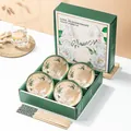 Set de 4 bols en céramique florale avec baguettes dans un coffret cadeau vert - Fleurs De Camélia Vert Émeraude 4 Bols Et 4 Baguettes