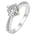 Elegant silver-plated 1 carat round moissanite ring featuring unique heart-shaped prongs - Adjustable Open Ring / Heart Four-Prong Double Row Accent Style (MS030) / Silver