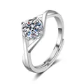 Adjustable 925 sterling silver ring with a classic one-carat round moissanite stone. - Adjustable Open Ring / Classic Four-Prong Intertwined Open Style (MS026) / Silver