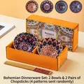 Set de bols et baguettes en céramique de style bohème avec motifs géométriques colorés - Style Bohème Kaki (2 Bols 2 Baguettes)