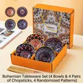 Coffret cadeau de bols et baguettes en céramique bohème avec 4 motifs mandala aléatoires - Jaune Curcuma Style Bohème 4 Bols Et 4 Baguettes