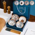 Coffret cadeau de bols en céramique vintage avec 4 motifs et baguettes assorties - Ensemble Classique De 4 Bols Et 4 Baguettes (coffret Cadeau Inclus)