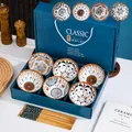 Coffret cadeau de 6 bols en céramique bleu et blanc avec baguettes en bambou traditionnelles - Ensemble Classique De 6 Bols Et 6 Baguettes (coffret Cadeau Inclus)