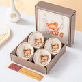 Coffret cadeau bols en céramique et baguettes avec motif ours mignon et sac assorti - Ours Crémeux Rouge Rose (4 Bols 4 Baguettes)