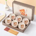 Coffret cadeau de bols en céramique et baguettes avec un joli motif d'ours brun - Style Ours à la Crème 6 Bols 6 Baguettes