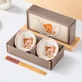 Coffret cadeau exquis de bols et baguettes en céramique avec ours mignon et motif lettre 'W' - Ours à la Crème Orange Ensemble 2 Bols 2 Baguettes