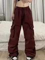 Detailed view of dark red high-waisted nylon quick-dry parachute cargo pants - S / Dark Red
