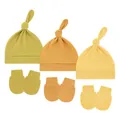 Set da 3 cappellini con nodo e muffole antigraffio per neonati in cotone giallo e oliva - Taglia unica / Oliva + Zenzero + Giallo