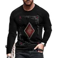 Detail of men's black long-sleeve T-shirt featuring a gothic Ace of Diamonds graphic print. - 6XL / Tops / Black Diamonds A Pattern Print (CT-70-2)