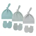 Detail of 3-pack baby knotted hats and anti-scratch mittens in soft muted tones - One Size / Heather Gray + Blue Gray + Iron Gray