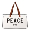 Bolso de playa grande de lona blanca con estampado Peace Out y elegantes asas marrones - PEACE OUT