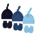 Primo piano di tre berretti con nodo e muffole antigraffio in diverse sfumature blu - Taglia unica / Blu navy + Blu reale + Celeste