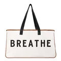 Large minimalist white canvas tote bag with black handles and BREATHE print design - BREATHE