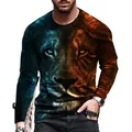 Men's long-sleeve T-shirt featuring a stylized ice and fire lion graphic print, casual fit. - 6XL / Tops / Blue Orange Contrast Lion Print (CT-42)