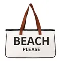 Bolso de playa grande de lona blanca con estampado 'BEACH PLEASE' y asas marrones - BEACH PLEASE