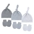 Detail view of baby knot hat and anti-scratch mitten set in three shades of grey - One Size / Dark Gray + Gray + Light Gray